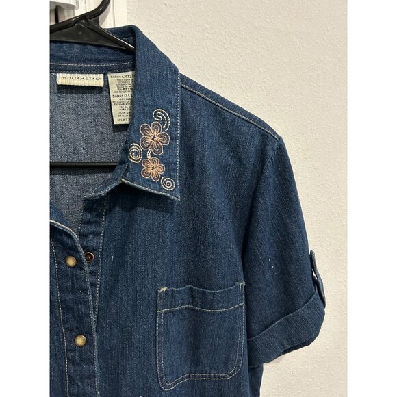 Vintage White Stag Denim Button-Down Dress Floral Embroidered Collar Size Large - Picture 4 of 9